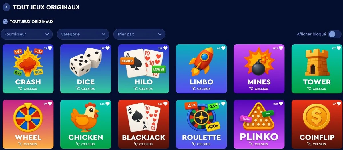 Celsius Casino : jeux originaux Crash, Dice, Mines, Plinko et Roulette